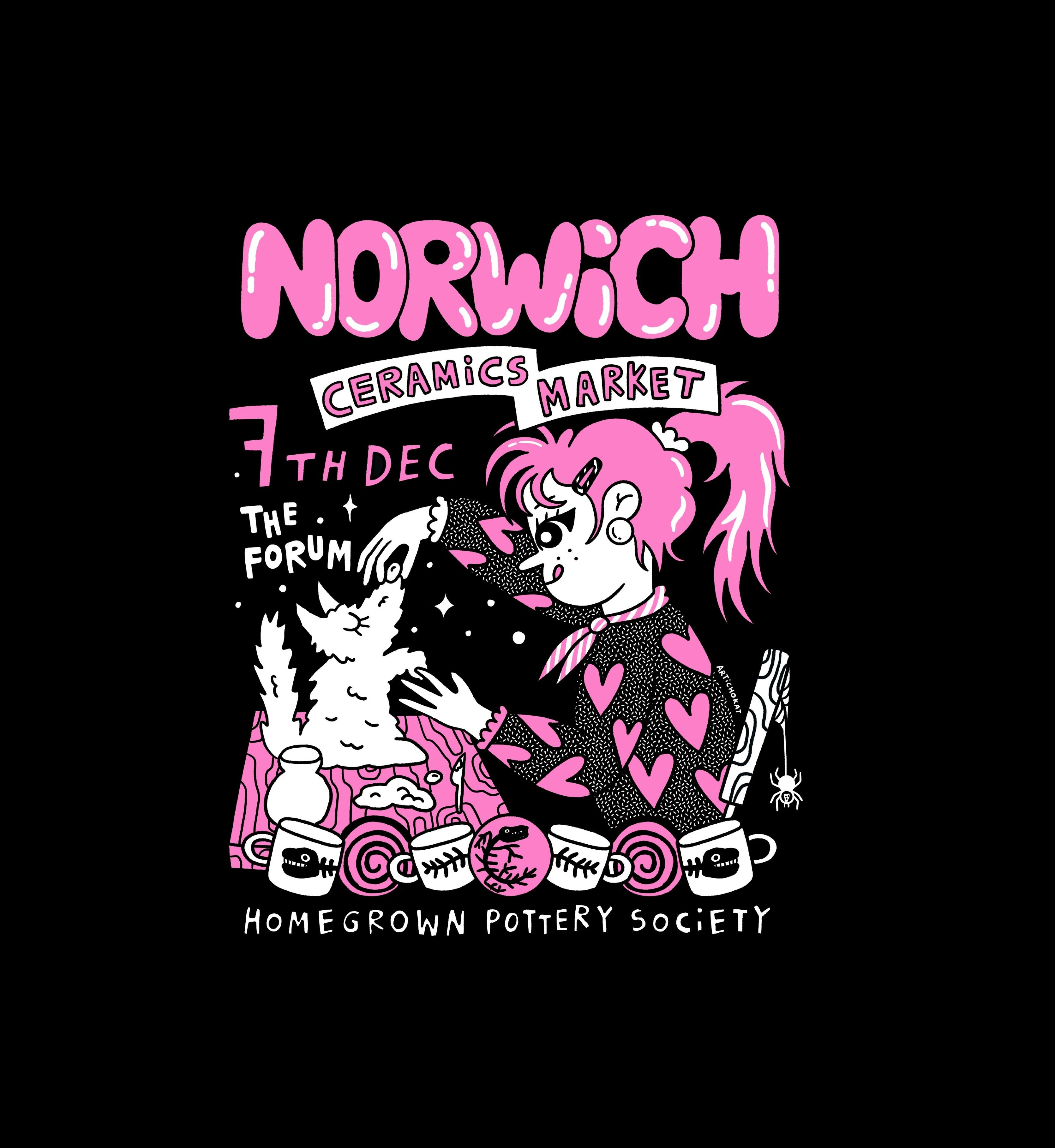 Illustration of woman with pink hair making a clay white dog.