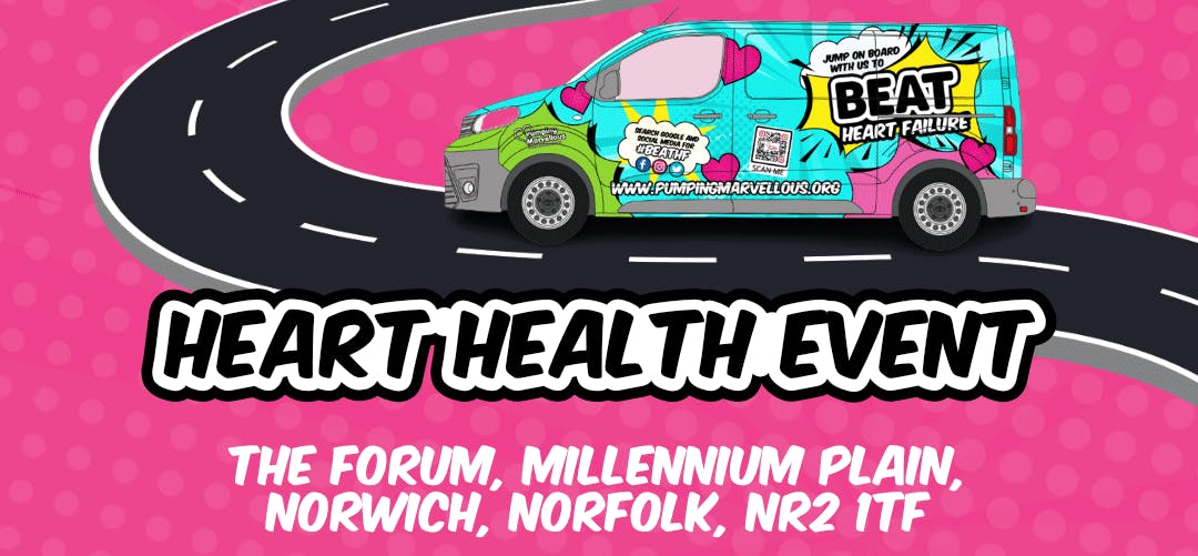 Heart Health Event, with a cartoon truck with comicbook style illustrations on the side