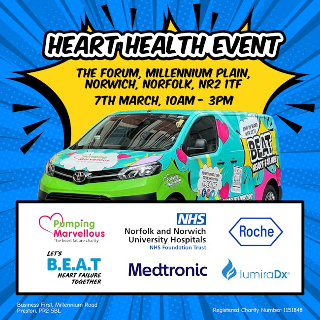 Logos of Pumping Marvellous, Norfolk and Norwich University Hospital, Roche, Medtronic and LumiraDx