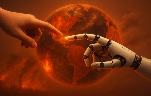 Human hand reaching out to a robotic hand in the style of The Creation of Adam, against a backdrop of a burning earth.