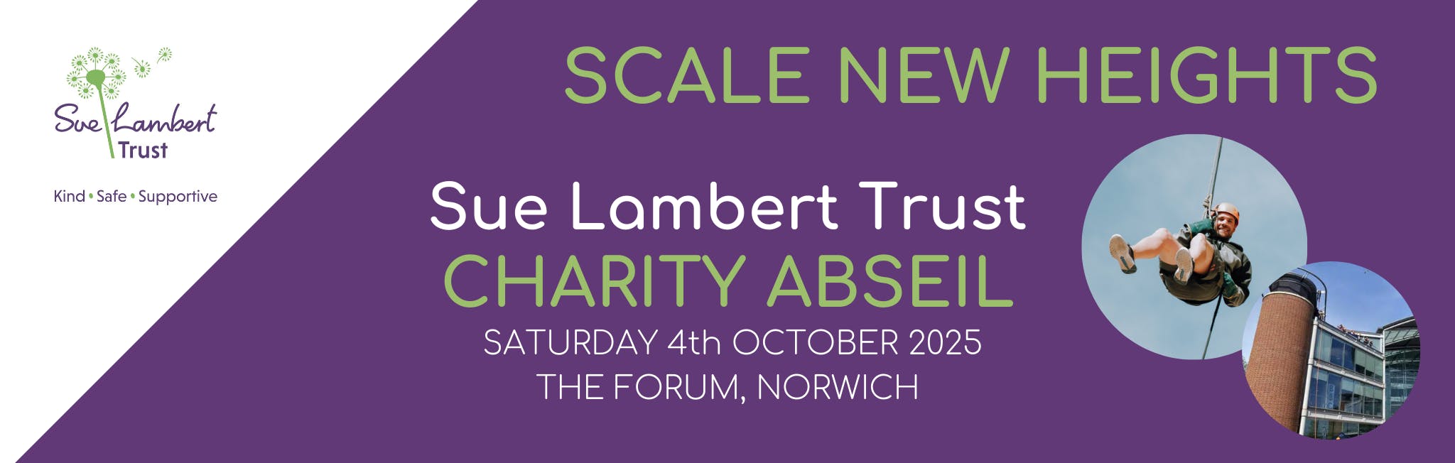 Purple and white banner for Sue Lambert Trust charity abseil.