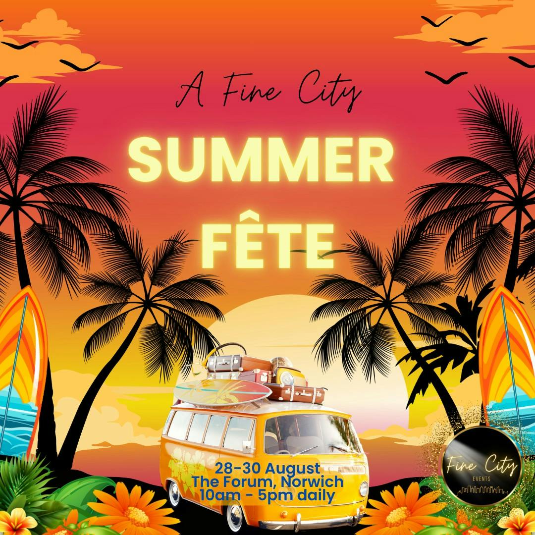 An image of a yellow campervan between two palm trees against a red-orange sunset. This is overlayed with text saying 'A Fine City Summer Fête'.