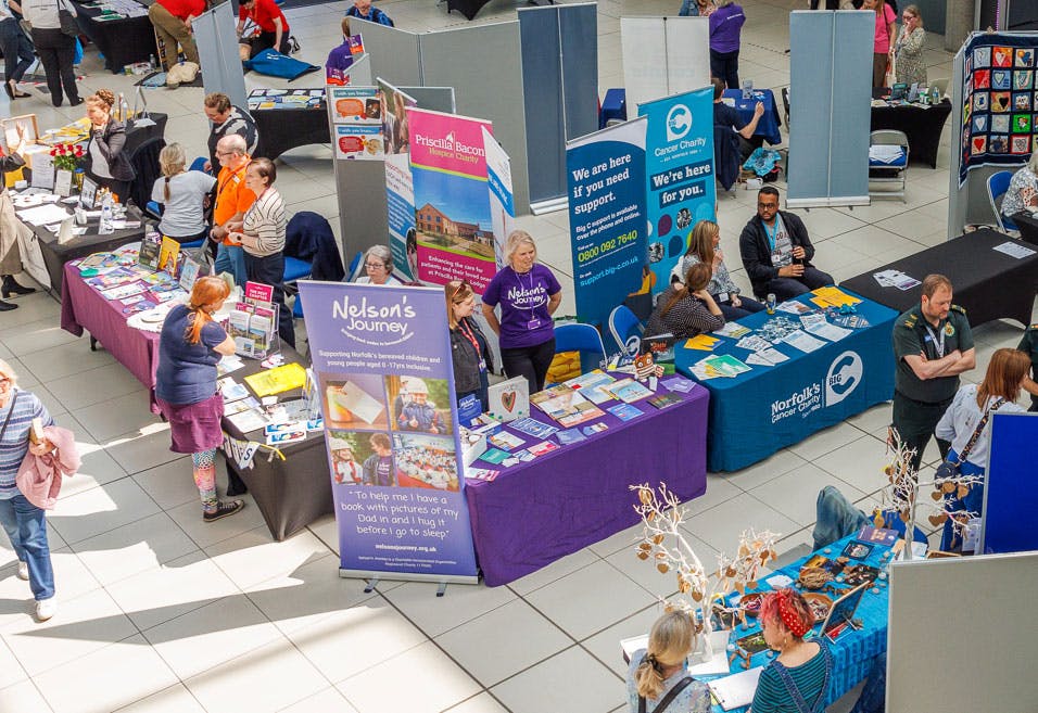 Charity information stands in The Forum