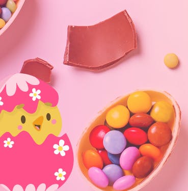 Sweets and a chick hatching from an egg against a pink background.