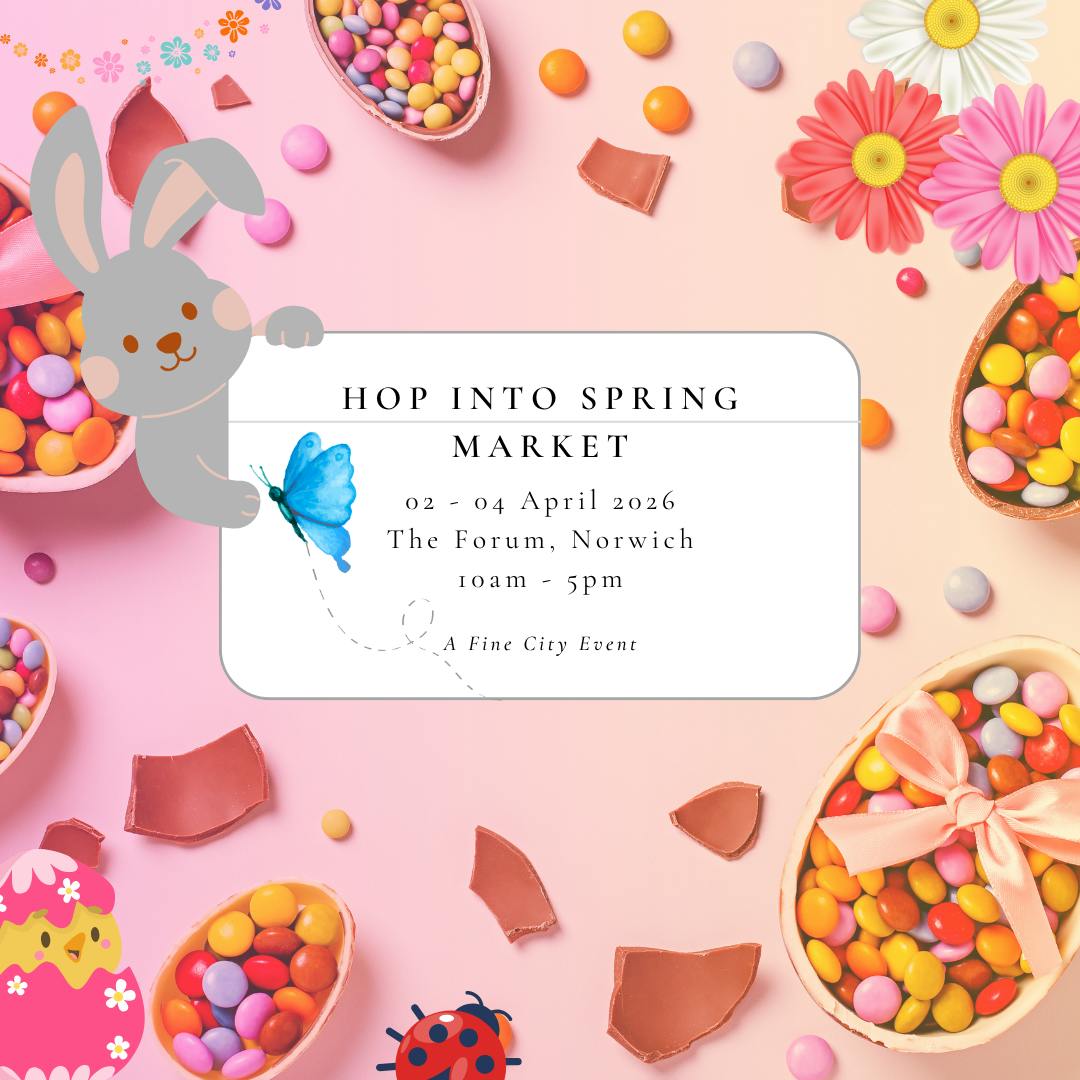 Hop Into Spring market details on a pink background, with a blue butterfly and grey rabbit.