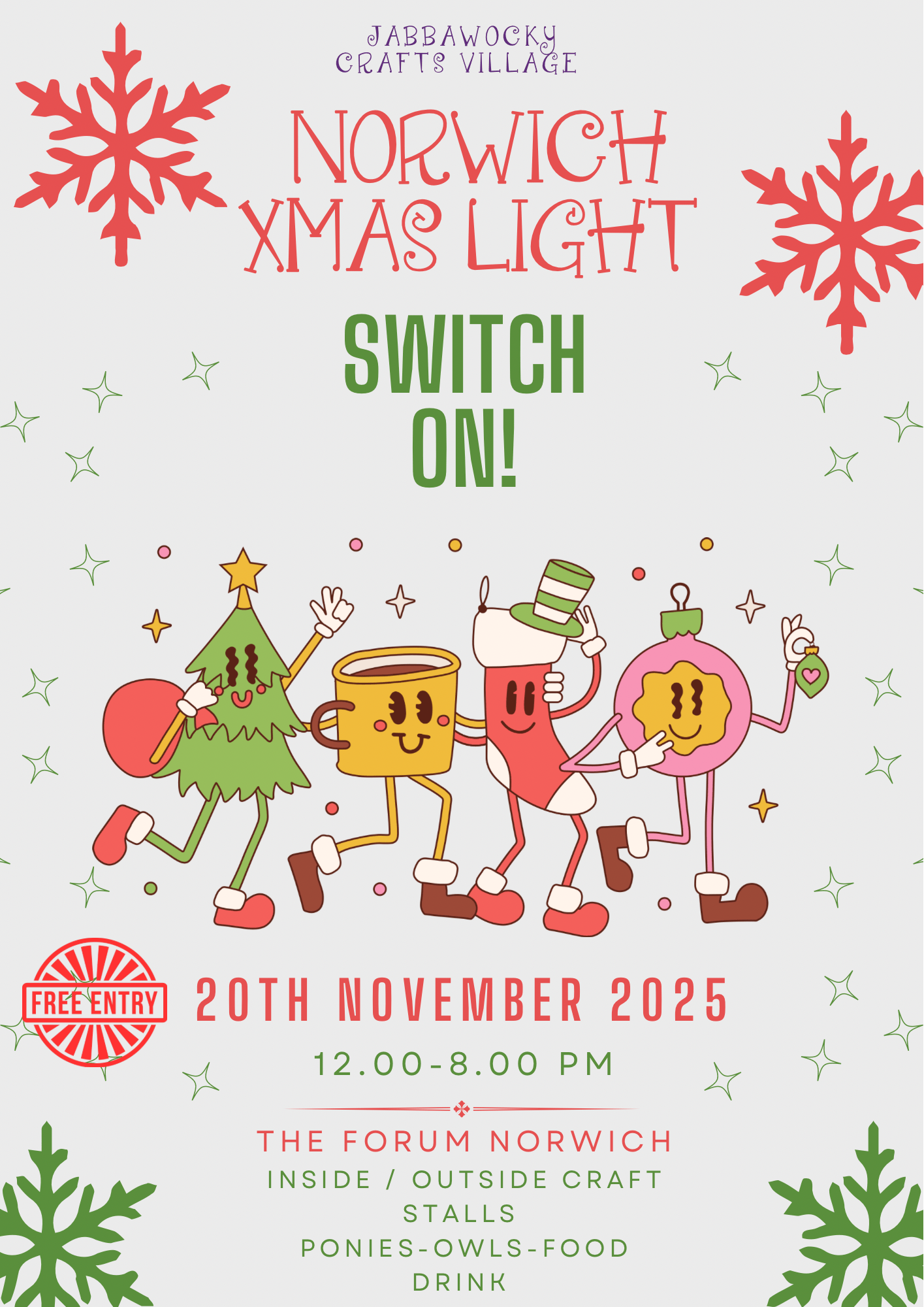 A tree, a mug of hot chocolate, a stocking and a bauble smiling and walking around.