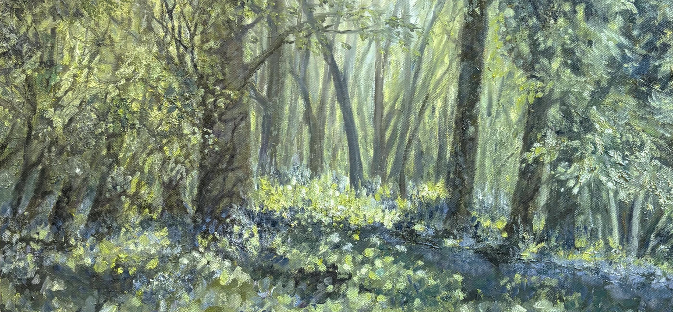 A painting of a beautiful, lush green sun dappled woodland in oil paint