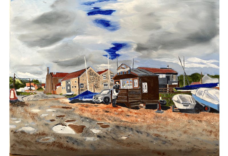 A painting of a crab hut in a Norfolk coast village, with stormy sky.