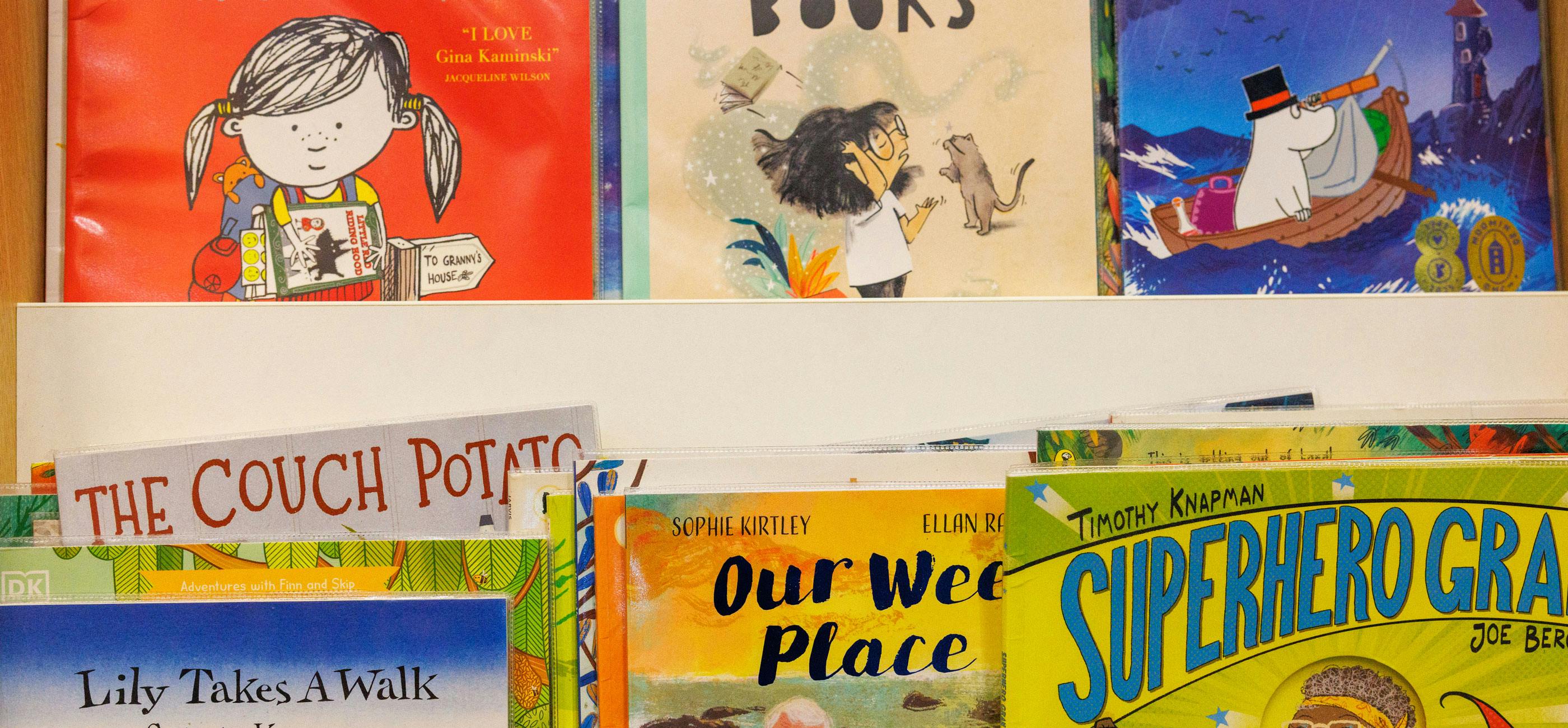 A selection of children's books with bright covers.