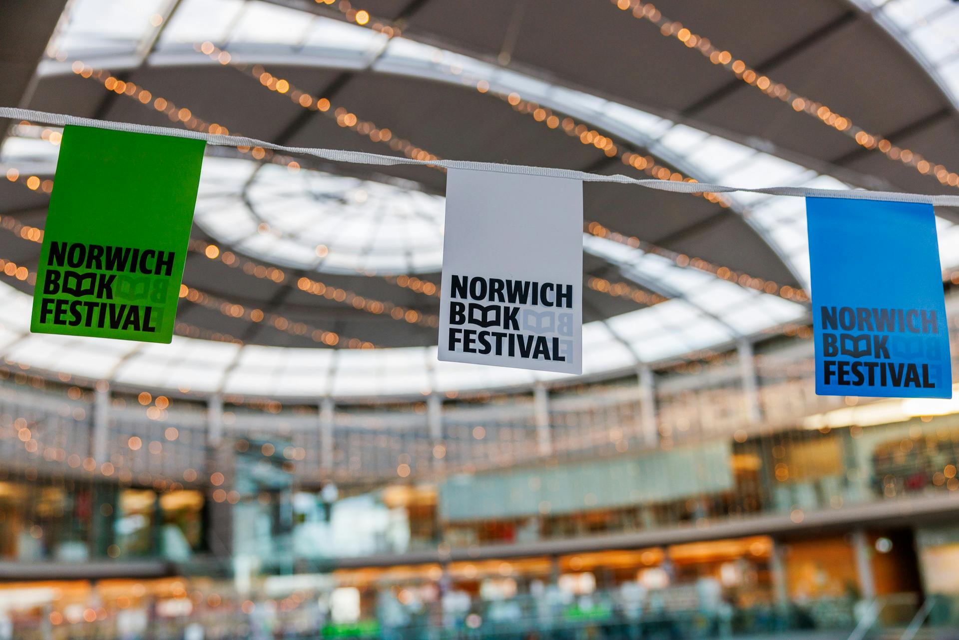 Norwich Book Festival bunting in green, white and blue