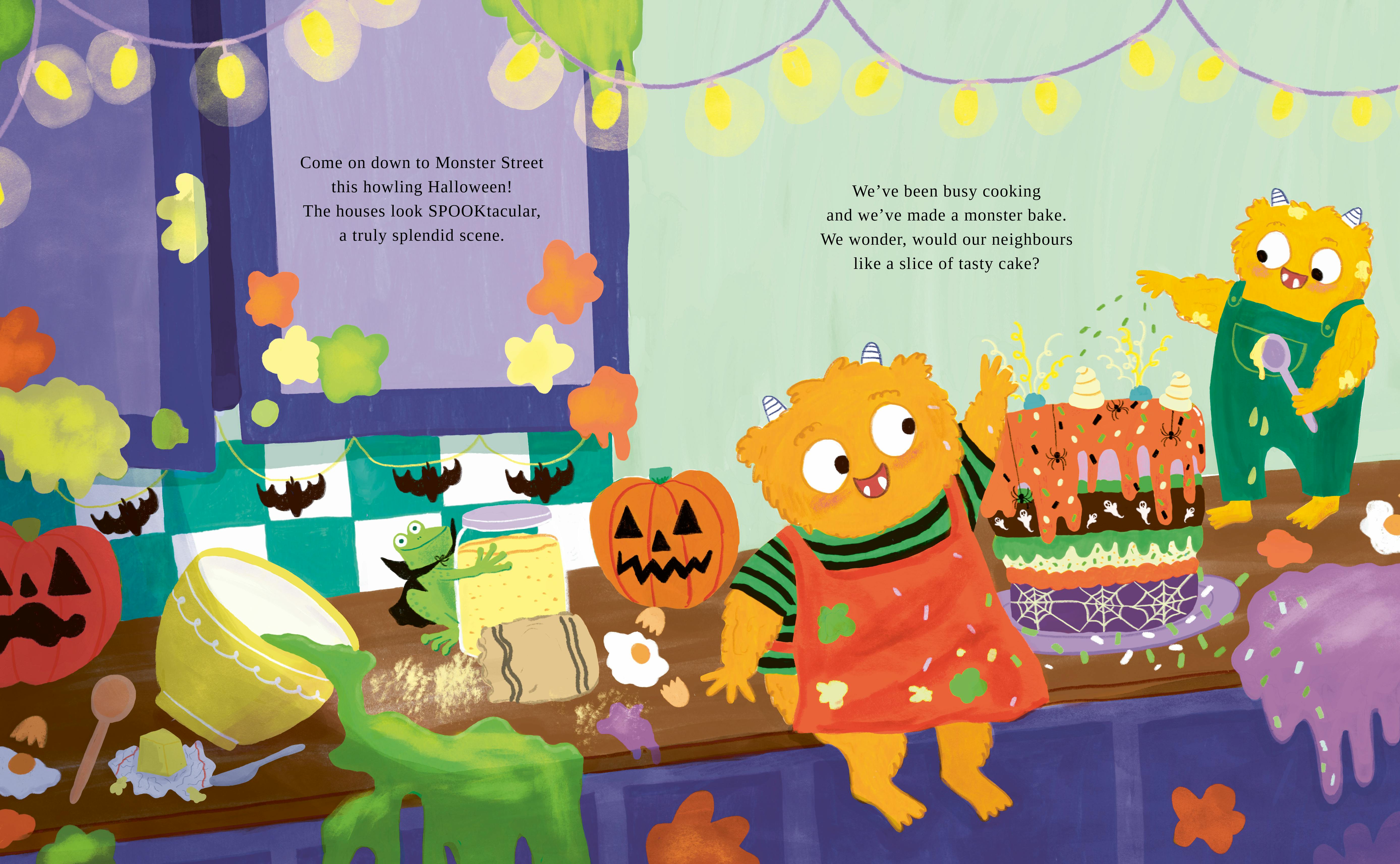 Illustration of two small yellow monsters and a frog making a cake.