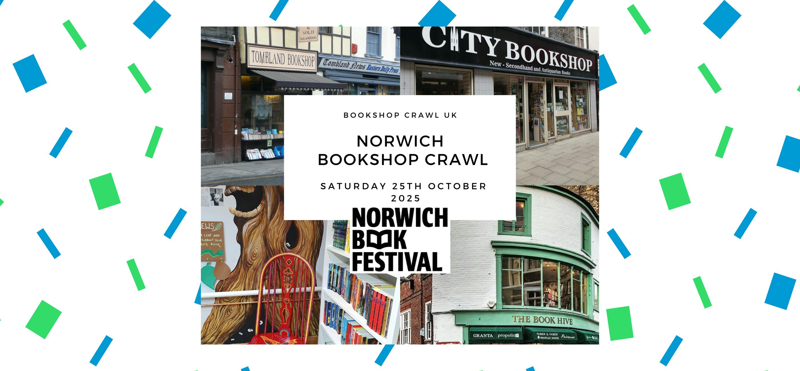 Norwich Bookshop Crawl logo with photos of Norwich bookshops.