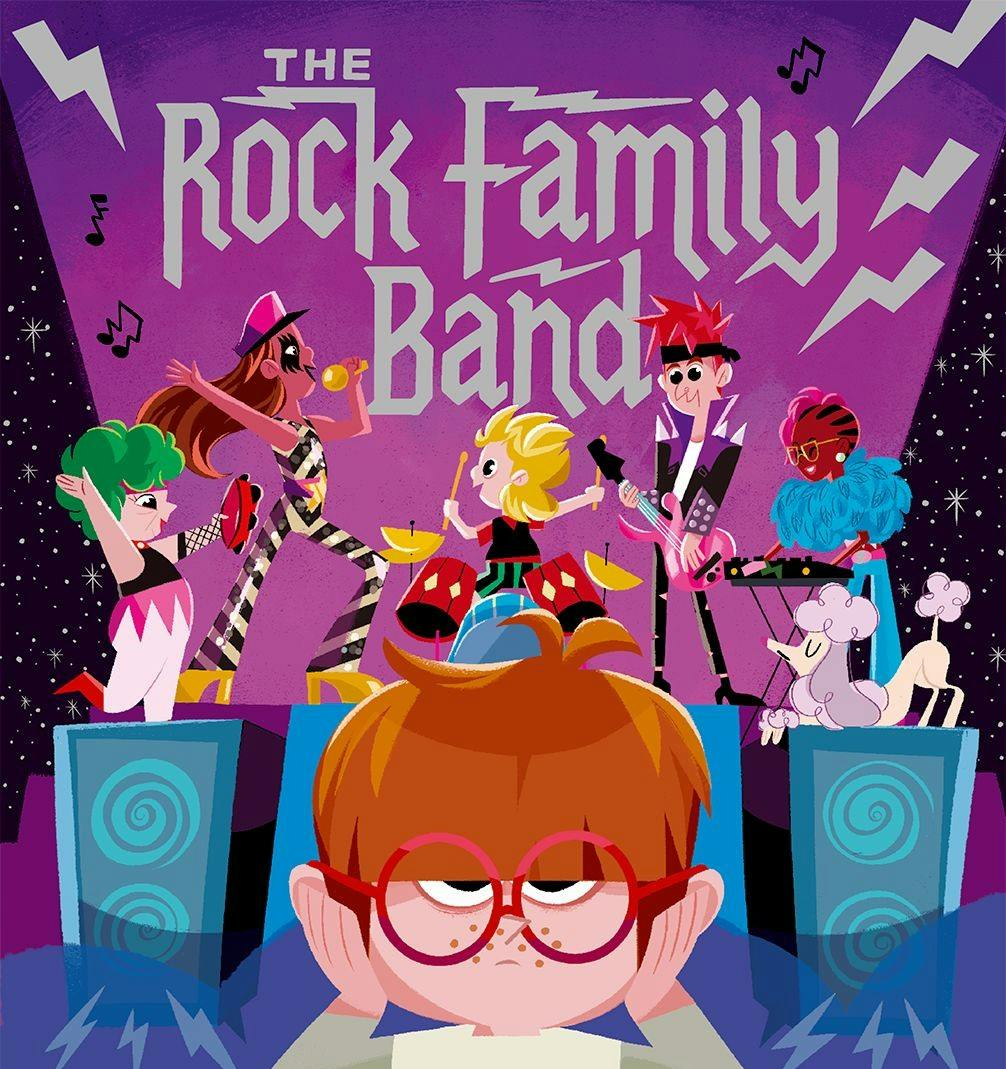 Graphic of a boy with his hands over his ears, while a rock band plays in the background.