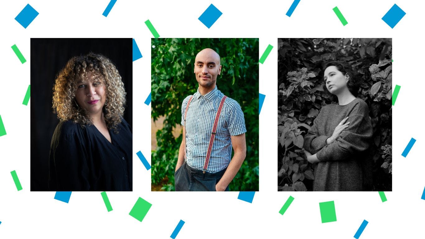 Headshots of Salena, Tom and A.K. against the Norwich Book Festival book confetti styling