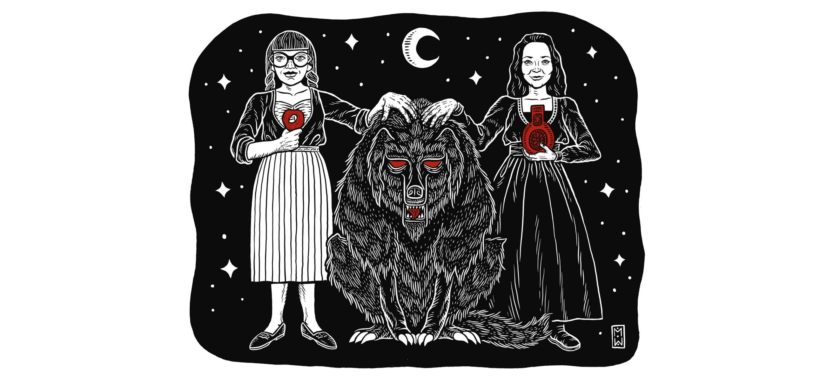 An illustration in black and white, with red accents, of two women stroking the mythical ghost dog Black Shuck.