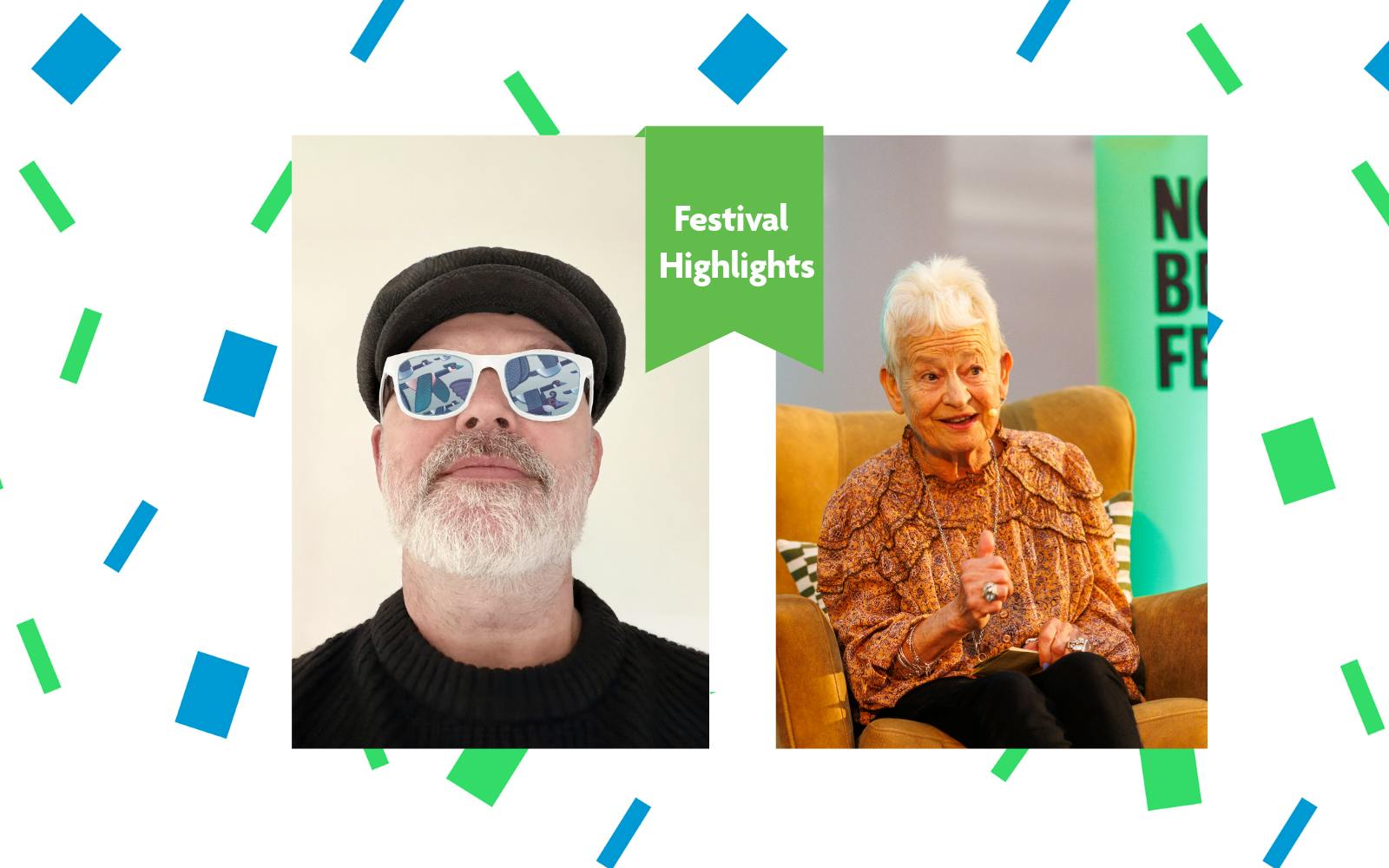 photos of Rob Biddulph and Jacqueline Wilson with a 'festival highlights' banner