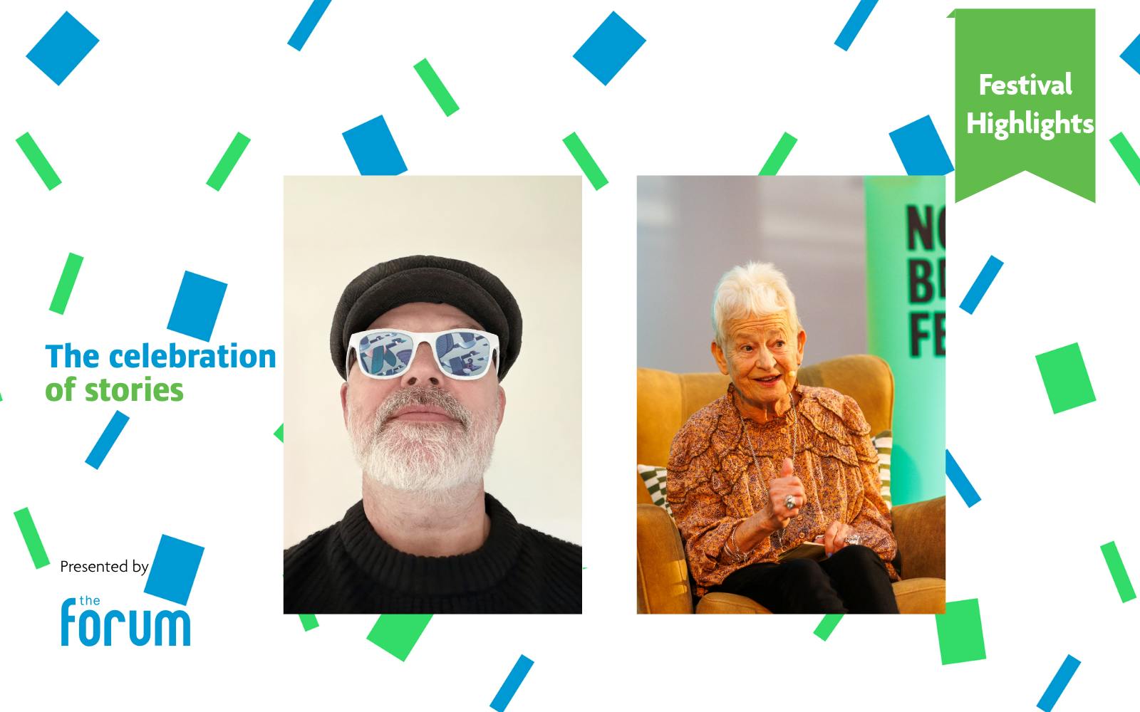 Rob Biddulph and Jacqueline Wilson images, side by side with a tag saying 'Festival Highlights'