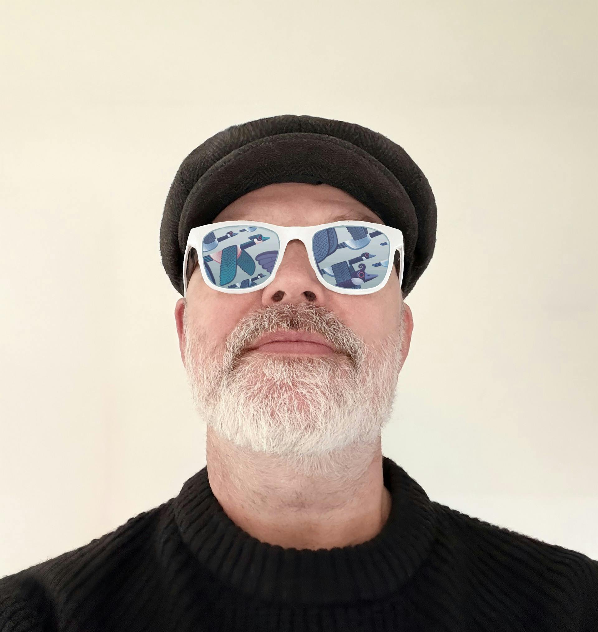 A head and shoulders shot of Rob. He's wearing sunglasses with a graphic overlaid so it looks like one of his illustrations of geese is reflected in them.