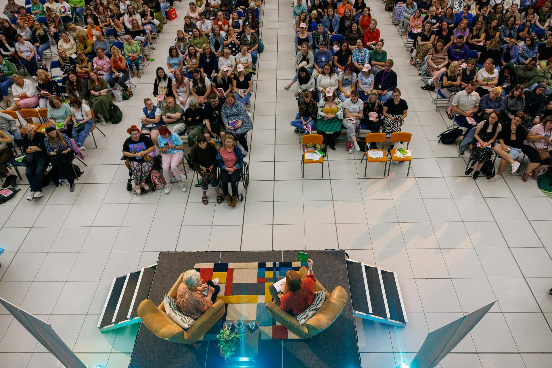 An aerial picture looking down on a stage and crowd