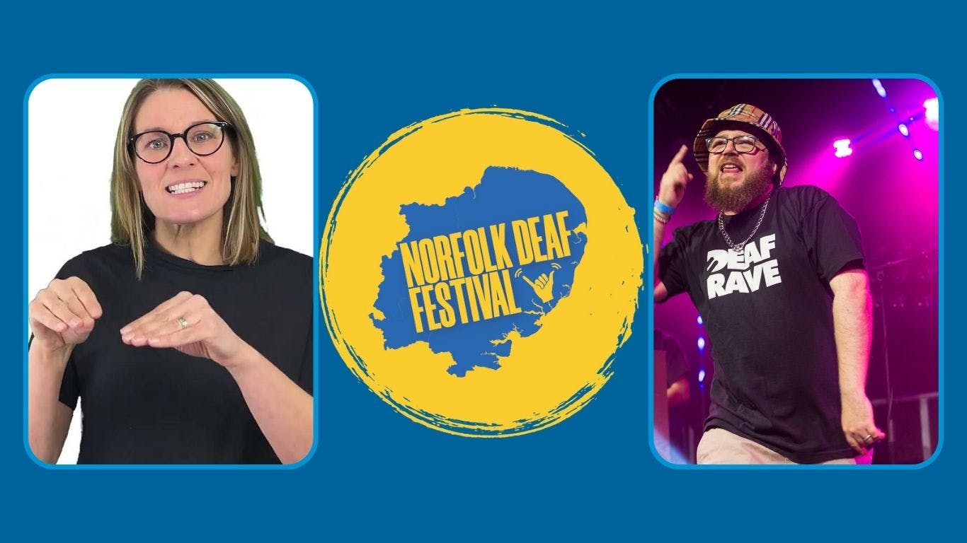 A woman signing, alongside the Norfolk Deaf Festival logo and MC Geezer sign-singing