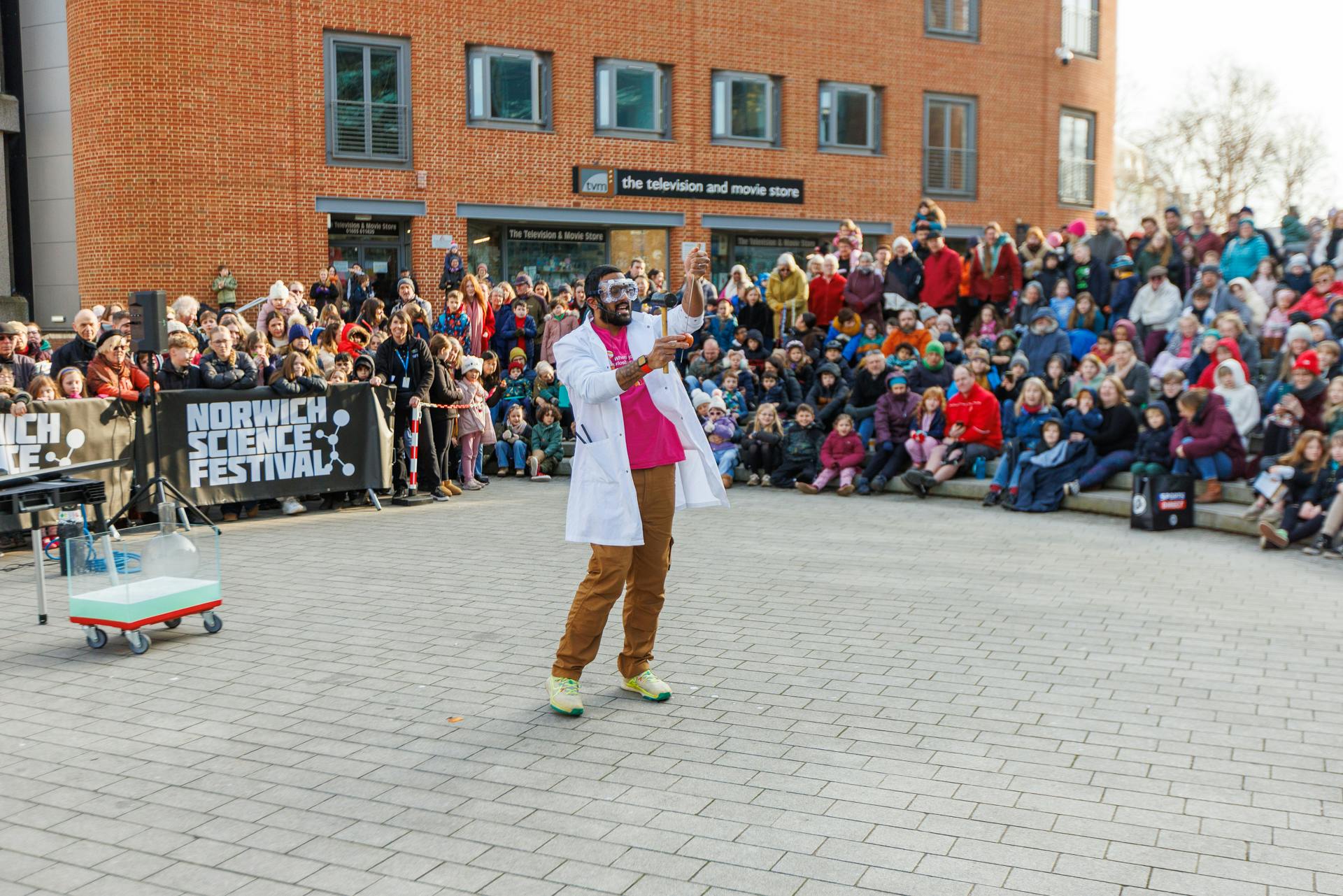 Nikhil Mistry performs outside The Forum during Norwich Science Festival 2025