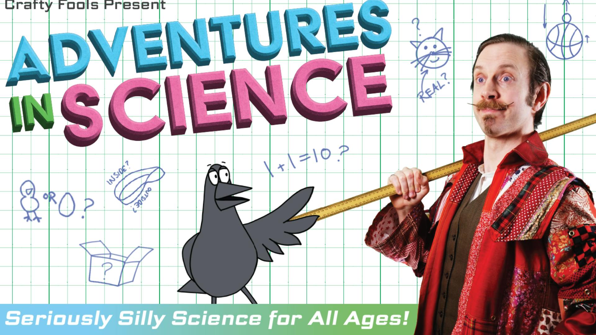 aventures-in-science--website-header-image.png Adventures in Science featuring an image of a man holding a ruler and an illustration of his corvid companion, Crowbert