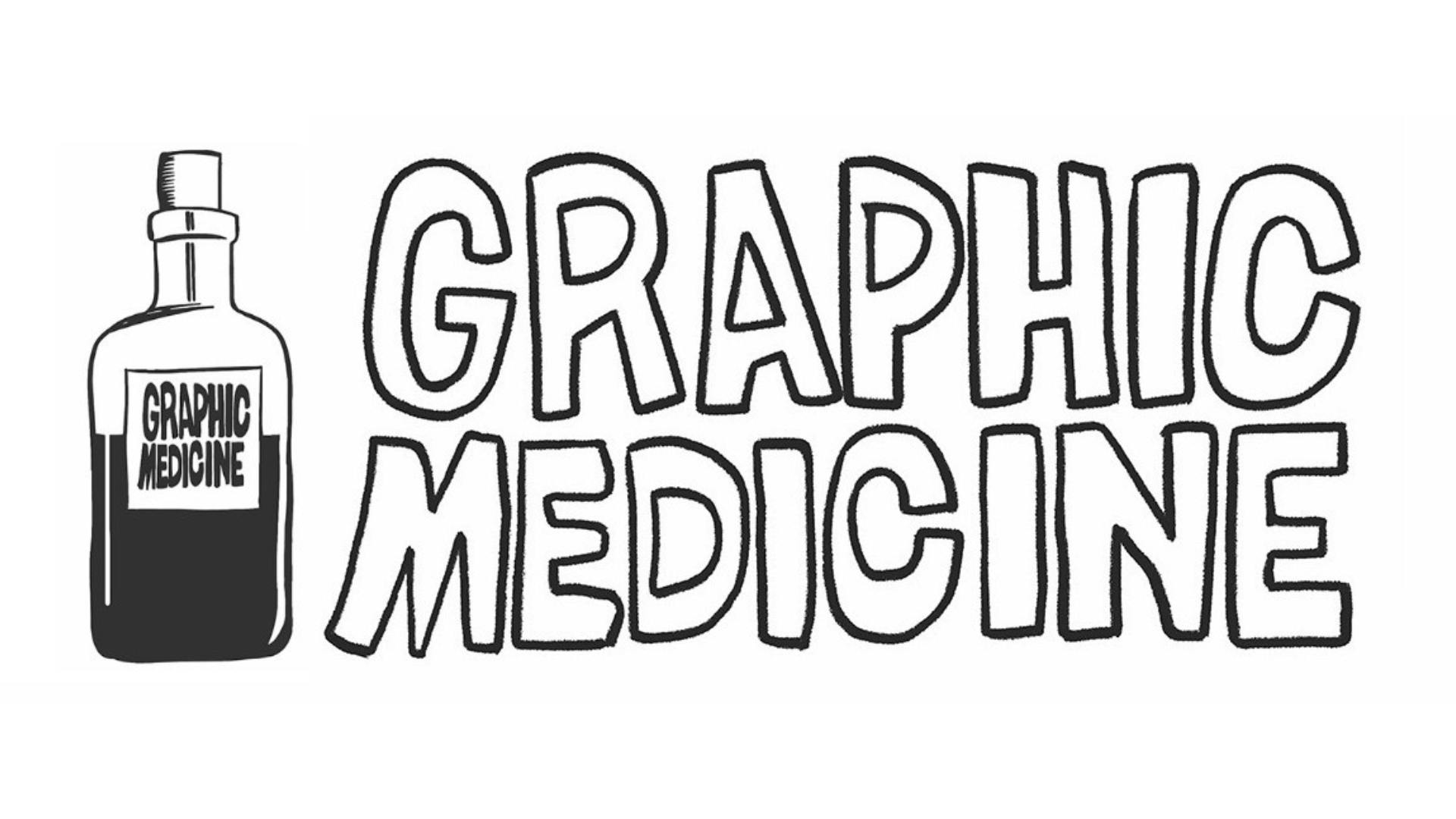 An line drawn illustration of a medicine bottle, next to text saying 'Graphic Medicine'.