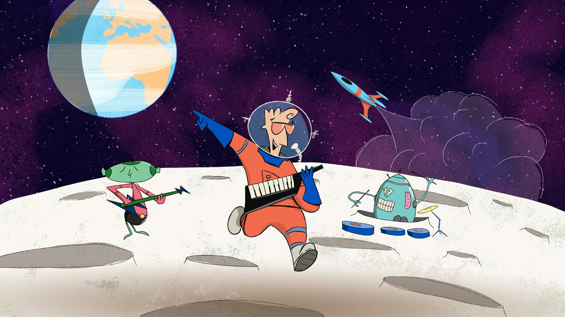 web-groove-baby.png Illustration of an astronaut, an alien and a robot playing music on the moon.