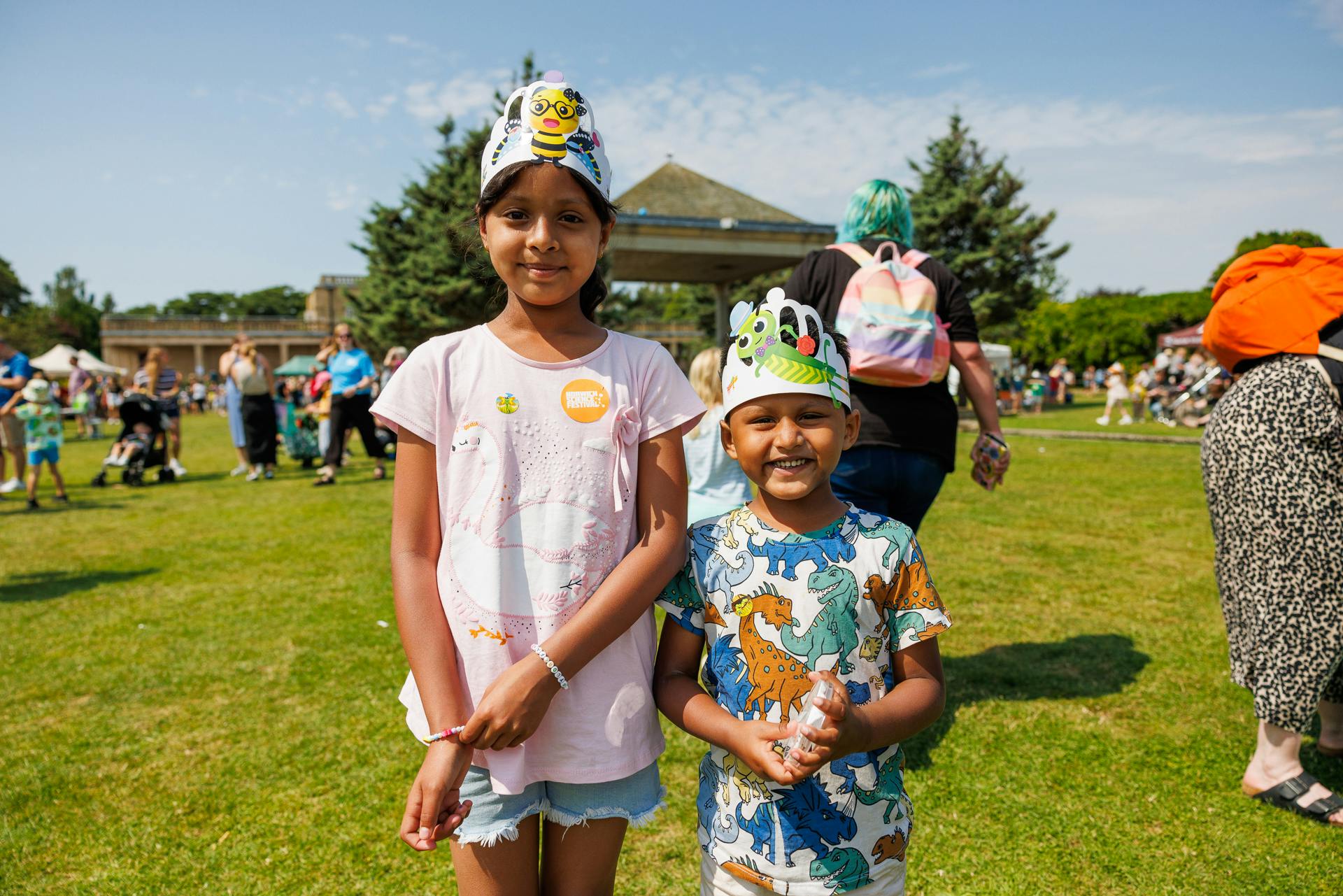 Two children wear their bug crowns at Bugs and Beasts 2024