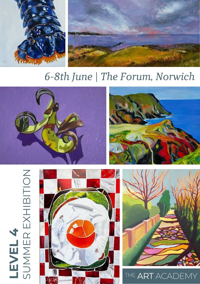 A selection of artworks alongside details of the Art Academy's 2025 Summer Exhibition at The Forum.