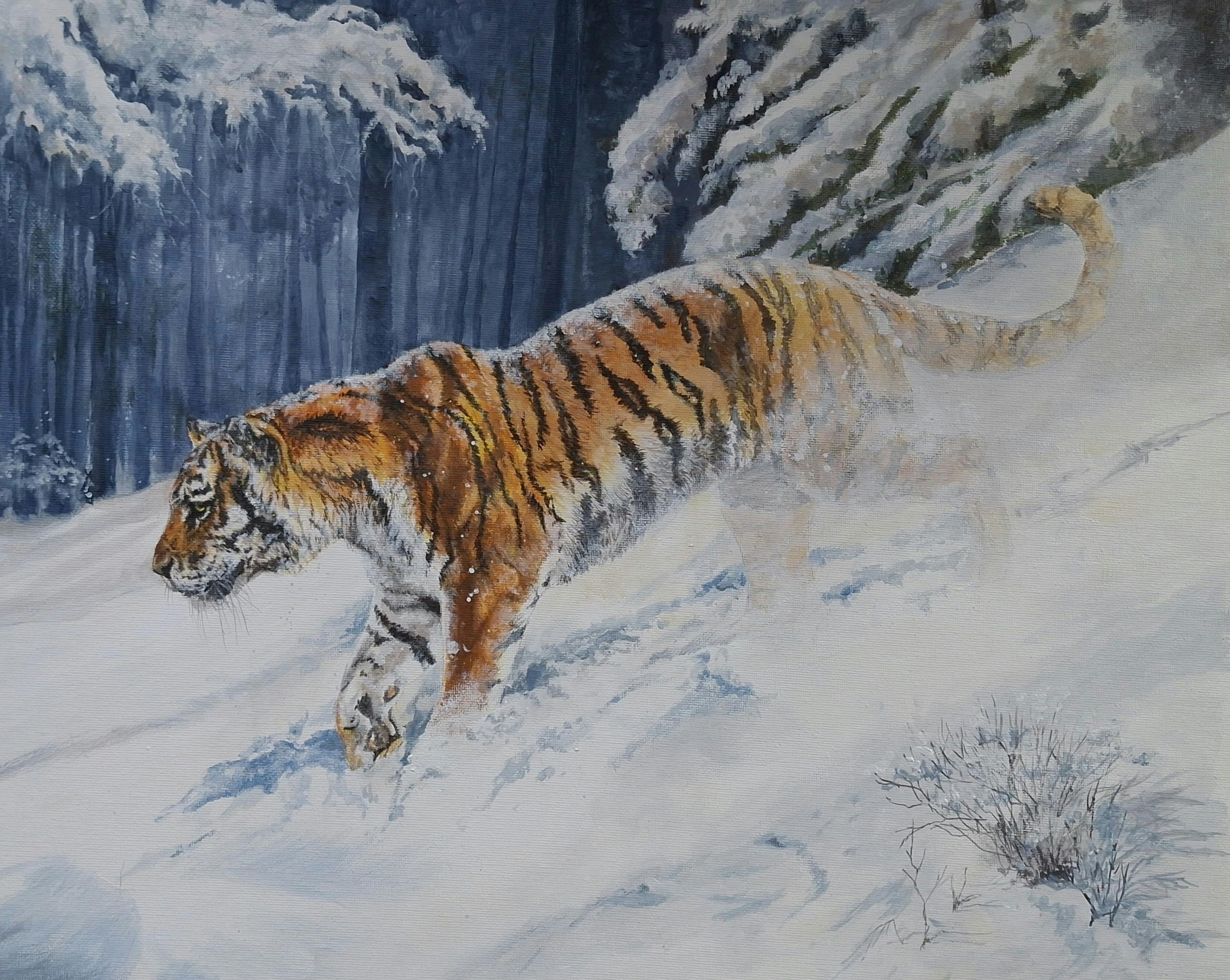 A painting of a tiger prowling through the snow.