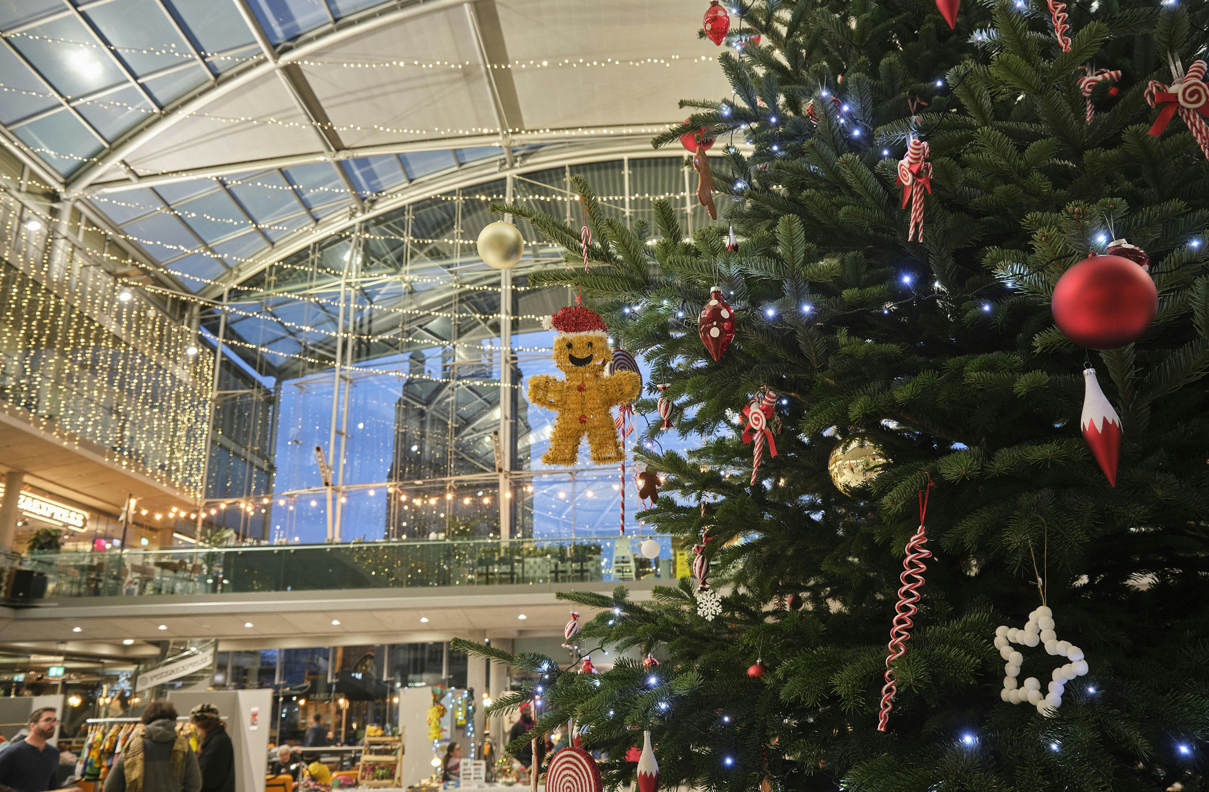 The Forum Christmas Tree featuring a gingerbread man